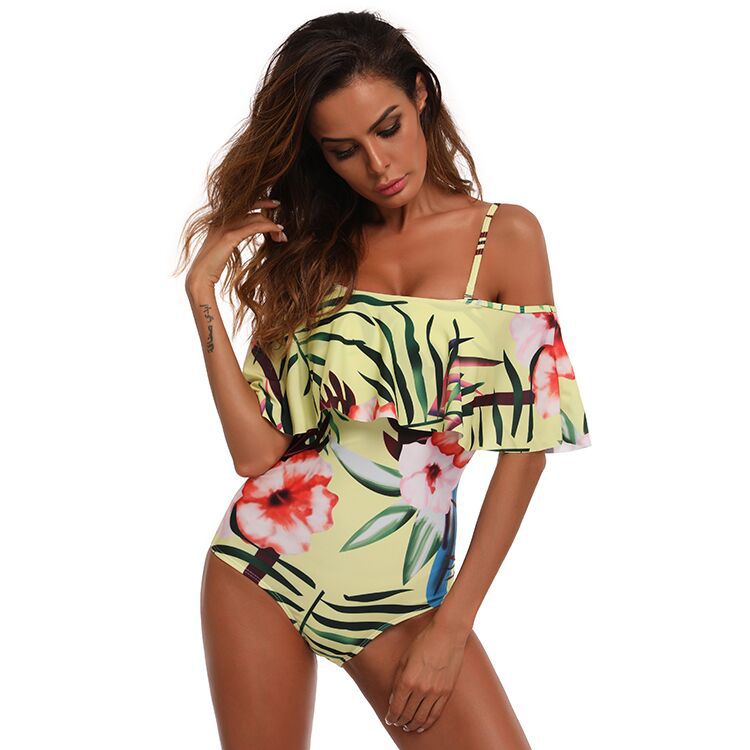 F4686 One Piece flounce Swimsuit leaf Printed Off Shoulder Padded Bathing Suit
